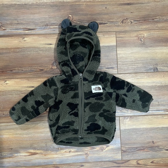The North Face Bear Hoodie Jacket Green Black Camo Fleece Infant 3-6 Month Zip - Picture 1 of 5